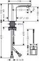 Hansgrohe Waschbeckenmischer mit elektronischem Bedienfeld und Temperaturvoreinstellung, mit Sicht auf Wasseranschlüsse und Abmessungen in technischem Zeichnungsformat.